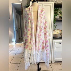 One Size Rose White and Pink Shawl with Tassel Trim Cozy Winter Fall Cottagecore